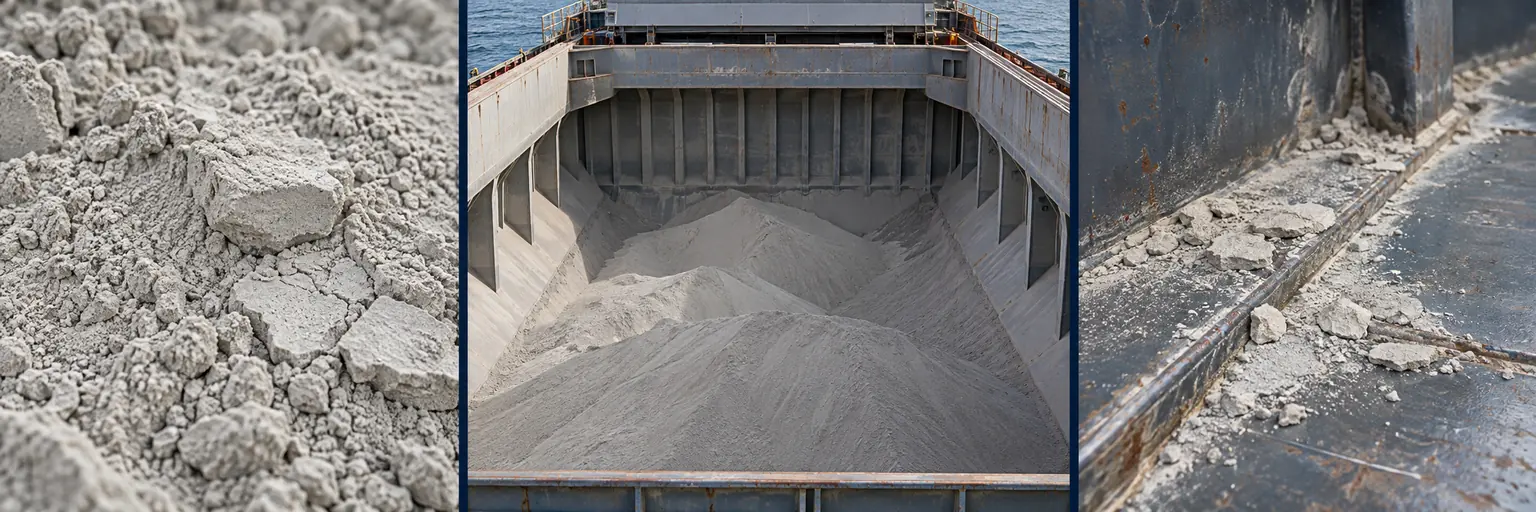 Cement — illustrative material texture on the left, loaded hold in the centre, residue after discharge on the right.