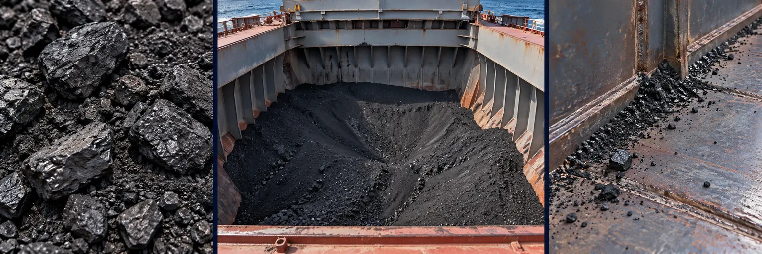 Coal — illustrative material texture on the left, loaded hold in the centre, residue after discharge on the right.