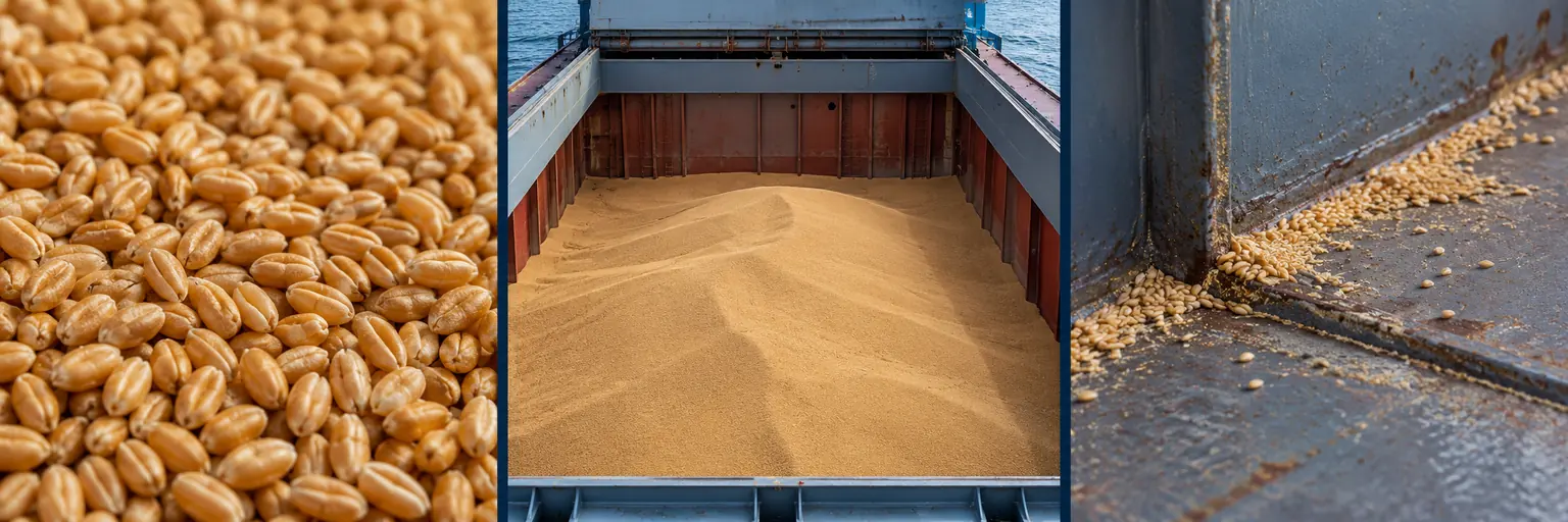Wheat — illustrative material texture on the left, loaded hold in the centre, residue after discharge on the right.